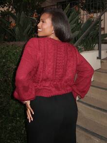 Tyla Gomez Women's Wine Red V-Neck Cardigan With Lantern Sleeves,Long Sleeve Tops Fall Winter Cloth For Women - Burgundy - View 2