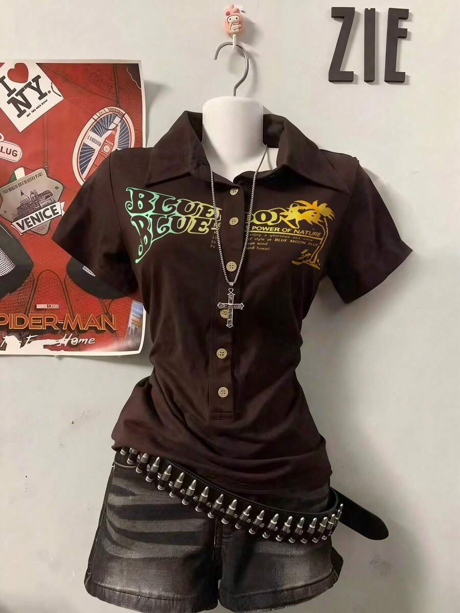 Lalippa Women's Casual Slogan Print Button Front T-Shirt, Summer - Brown - View 1