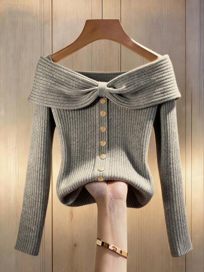 Franclia 女士纯色杏色针织弹力修身罗纹领蝴蝶结纽扣装饰长袖露肩T恤，休闲法式优雅杏色上衣，秋冬季百搭日常穿着