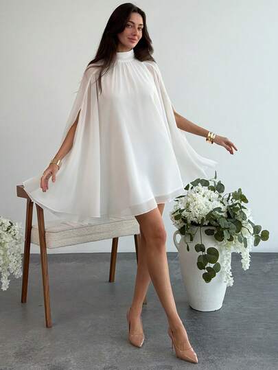 Aloruh 春夏新款浪漫约会白色雪纺立领长袖褶皱迷你连衣裙（女款）