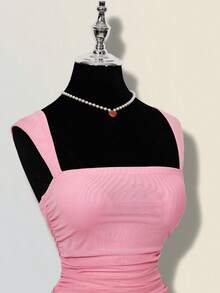ICON Vestido mini ajustado de mujer de unicolor elegante con malla y drapeado - Rosa Pálido - Ver 4