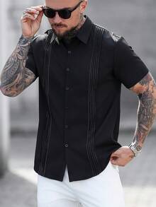 Manfinity CasualCool Camisa casual de manga corta con botones delanteros para hombre, verano - Negro - Ver 6