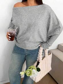 Sunnyshic Plus Size Sexy Off-Shoulder Solid Color Knit Sweater - Grey - View 5