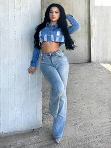 Vassilux Women Distressed Raw Hem Cropped Denim Jacket, Long Sleeve - Light Wash - View 1