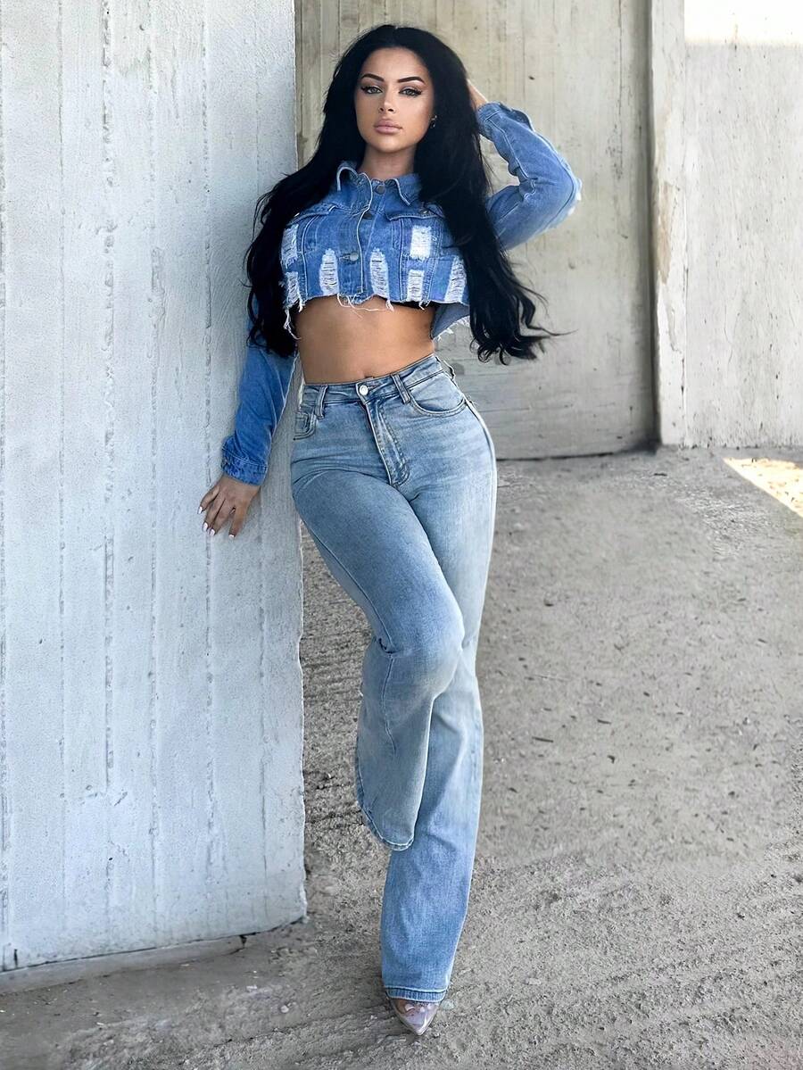 Vassilux Women Distressed Raw Hem Cropped Denim Jacket, Long Sleeve - Light Wash - View 1