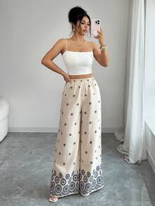 Elenzga Casual Elastic Waist Wide Leg Pants For Women, Spring/Summer - Apricot - View 4