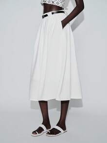 Lumivelle Chân váy xòe nữ màu trơn, cạp cao, phối màu tương phản, có túi, thích hợp cho mùa xuân/hè. - trắng - Xem 5