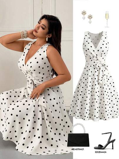 Femmeverse Plus Size Women's Polka Dot Vintage Style Cinched Waist Dress