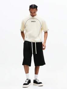 SUMWON Oversized Short Sleeve Crew Neck T-Shirt With Large Circular Contrast Stitching And Text Print - Apricot - View 3