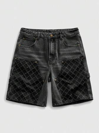 Grunge Punk Shorts en jean cargo délavés et texturés avec patchwork pour hommes