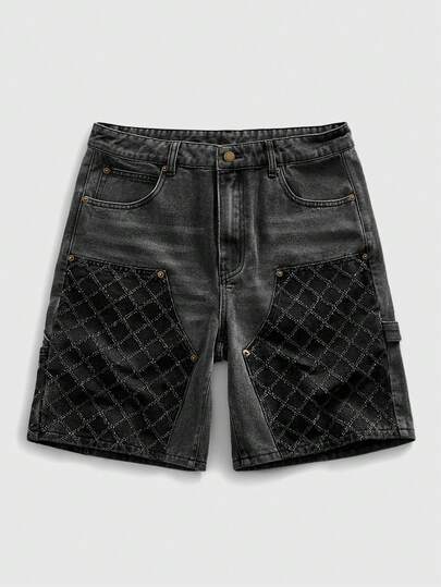 Grunge Punk Pantalones cortos de mezclilla cargo con textura lavada y parches para hombre