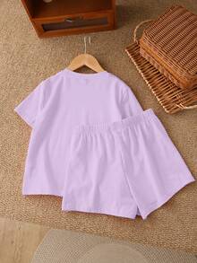 复古蝴蝶结豹纹印花，少女休闲简约短袖上衣短裤两件套，适合夏季穿着 - 淡紫色 - 查看 3