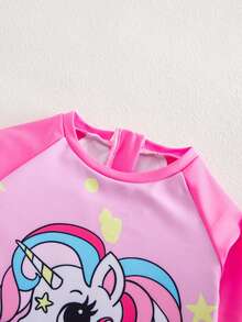 SHEIN Sparklyn Adorable Unicorn Print Long-Sleeved And Long-Legged Swimsuit For Baby Girls, Available In Pink And Fuchsia Colors. Perfect For Summer And Vacation Wear, This Toddler Beachwear Set Also Includes Sun Protection Options. Features Include Unicorn Print, Long Sleeves, And Cartoon Print. - Hot Pink - View 4