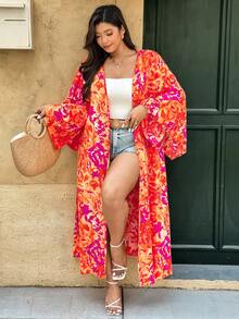 Ceyna Plus Size Boho Multicolor Random Print Long Kimono Sleeve Woven Fabric Belted Long Coat Fall - Multicolor - View 2