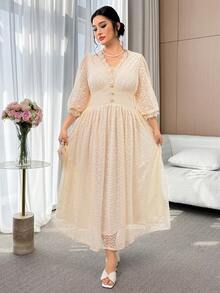 Modelyn Đầm dự tiệc cỡ lớn dành cho nữ, kiểu dáng thanh lịch, xếp ly, phối ren, đính cúc, thắt eo. - Màu be - Xem 6