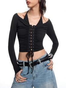 Airlisse 女士露背系带褶皱肩带长袖T恤，春夏款 - 黑色 - 查看 1