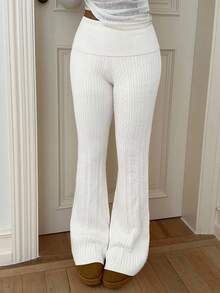 Aloruh White Rib Knit Extra Long Flares Sweater Pants For Women Casual Plain Pattern - White - View 4