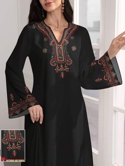 SHEIN Najma Women's Floral & Geometric Embroidery Retro Print V-Neck Long Sleeve Elegant Arabic Style Dress, Suitable For Spring And Autumn