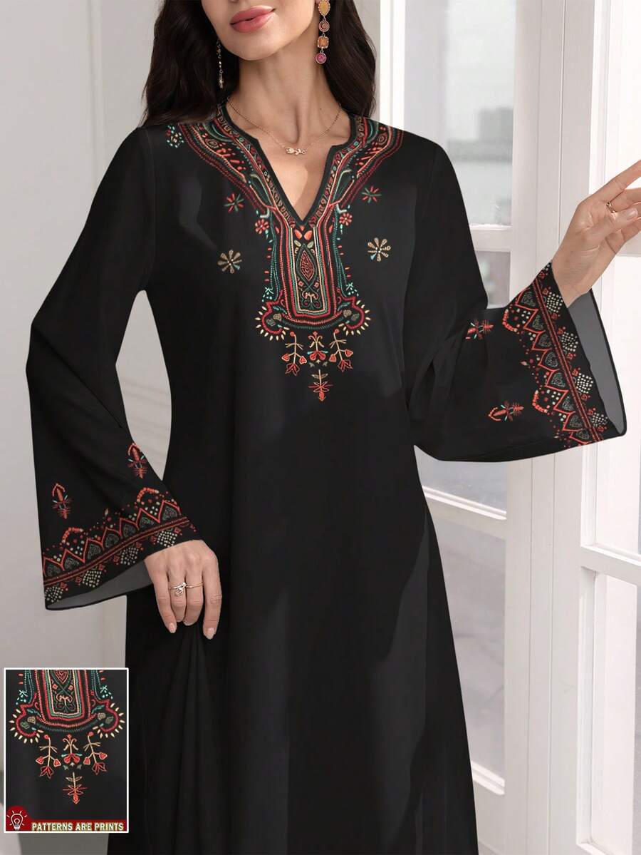 SHEIN Najma Gaun Wanita Elegan Gaya Arab dengan Bordir Bunga & Geometris Motif Retro, Kerah V, Lengan Panjang, Cocok untuk Musim Semi dan Gugur - MultiWarna - View 1