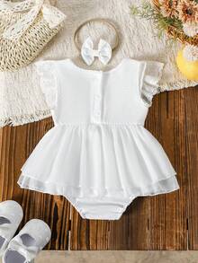 SHEIN Baby Girls Elegant White Woven Round Neck Lace Trim Cap Sleeve Patchwork White Chiffon A-Line Bodysuit, Suitable For Wedding Season And Party Events - White - View 8