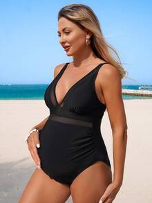 SHEIN Maternity Solid Color Mesh Patchwork Deep V-Neck One-Piece Swimsuit - Black - View 5