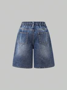 SHEIN Quần short denim dáng rộng, cạp chun, màu xanh bạc phai, thêu hình ngôi sao, phong cách đường phố Y2K dành cho bé gái tuổi teen. - Rửa trung bình - Xem 2
