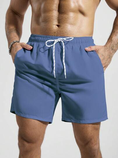 Zalmeno Men's Solid Color Drawstring Casual Beach Shorts