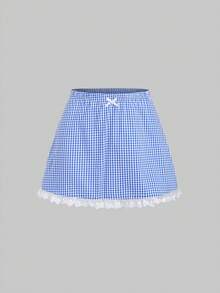 Sweetra Bộ đồ nữ mùa xuân/hè mới, thích hợp đi làm/du lịch/dã ngoại: Áo sơ mi kẻ caro xanh trắng phối ren trắng, kết hợp với chân váy chữ A cạp thấp có nơ trang trí, set 2 món. - Màu xanh lam - Xem 3