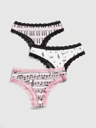 J-Fashion 3 pezzi Set di biancheria intima da donna con ferretto, note musicali e stampa di lettere in pizzo