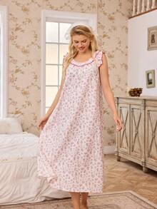 SHEIN Women's Romantic Floral Frill Trim Wide Crew Neck Backless Loose Long Nightgown - Multicolor - View 6