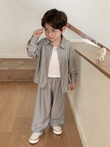 DAZY Toddler Boys' Fashion Shirt Set, Korean Style Casual Outfit, Grey, Lightweight Shirt Top And Wide Leg Pants 2-Piece Set, Spring/Summer/Autumn - Dark Grey - View 4
