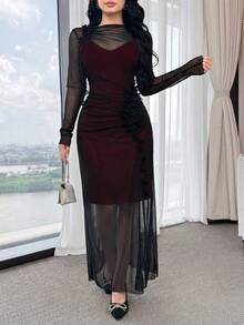 Feyla Women's Elegant Sexy Sheer Mesh Ruffle Trim Fitted Long Dress - Burgundy - View 2