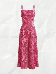 Rafferiza Bộ áo liền quần in họa tiết Paisley phong cách Bohemian - Màu Đỏ Sâu - Xem 3