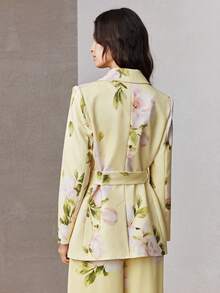 ZEYLAH Floral Print Cinched Waist Fitted Blazer Jacket, Spring - Light Yellow - View 6
