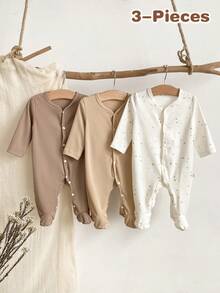 3pcs Newborn Baby Rompers, Cute Star Print , Long Sleeve Footed Jumpsuit Home Outfit Set