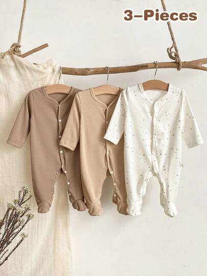 3pcs Newborn Baby Rompers, Cute Star Print , Long Sleeve Footed Jumpsuit Home Outfit Set