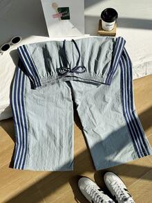Comfortcana Woven Fabric Plus Size Blue Straight Leg Pants With Strips And Drawstring Waists - Blue - View 5