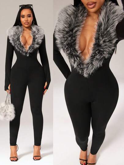 Radiana Chic Women's Black Deep V-Neck Unitard Long Sleeve Faux Fur Trimmed For Partywear
