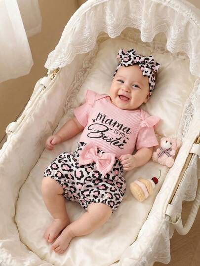 SHEIN 3pcs/Set Infant Cute Casual Outing Round Neck Ribbed Embroidered Flutter Sleeve Bodysuit, Pants, Bow Headband Set, Spring/Autumn Baby Girl Clothes Summer Sets Infant Girl Short Sleeve Outfits Baby Girl Leopard Outfit Newborn Girl Set New Born Girl Set