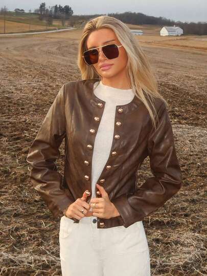 Sydney Algeri Chaqueta de mujer elegante y retro con botones decorativos, ropa de otoño para mujer, chaqueta marrón, ropa de otoño para mujer, casual de negocios, chaqueta marrón para mujer