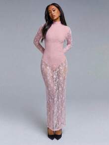 Athîral Gaun Wanita Seksi dengan Belahan Punggung Terbuka dan Detail Renda Kontras, Musim Gugur - Baby Pink - View 3