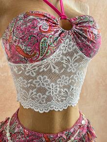 Soleia 女士彩色佩斯利复古印花拼接蕾丝无肩带系带露背吊带背心，休闲、约会、情人节、下午茶、海滩、邮轮、城市度假、音乐节、派对、波西米亚风、嬉皮风、西部风、百搭、日常通勤、仙女风、派对、复古上衣、复古、音乐节、休闲度假吊带背心、波西米亚风度假上衣 - 彩色 - 查看 4