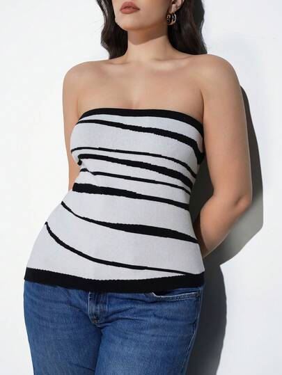 Maija 加大码女式杏色和黑色双色设计百搭现代都市时尚不对称下摆针织上衣，商务休闲办公室条纹抹胸上衣女式无肩带上衣长款抹胸商务休闲女装，办公室穿着，低调老钱风格，轻松气质，高端都市通勤装。