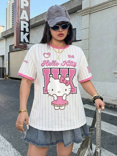 HELLO KITTY AND FRIENDS | SHEIN 大码条纹卡通图案撞色圆领短袖T恤
