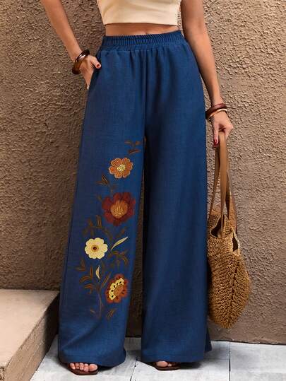 EURMUSE FLOWER FAKE LINEN PANTS Fake Denim Fabric