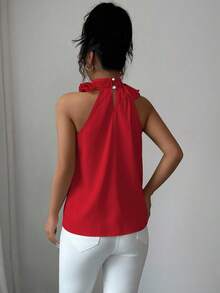 Balvessa Women's Solid Color Ruffle Pleated Halter Neck Blouse, Intellectual And Elegant - Red - View 2