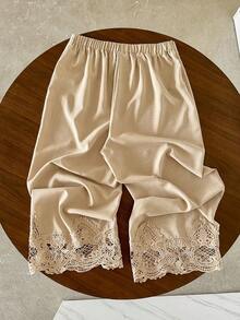Lacomfia Plus Size Solid Color Patchwork Lace Trim Wide Leg Straight Casual Pants - Khaki - View 2
