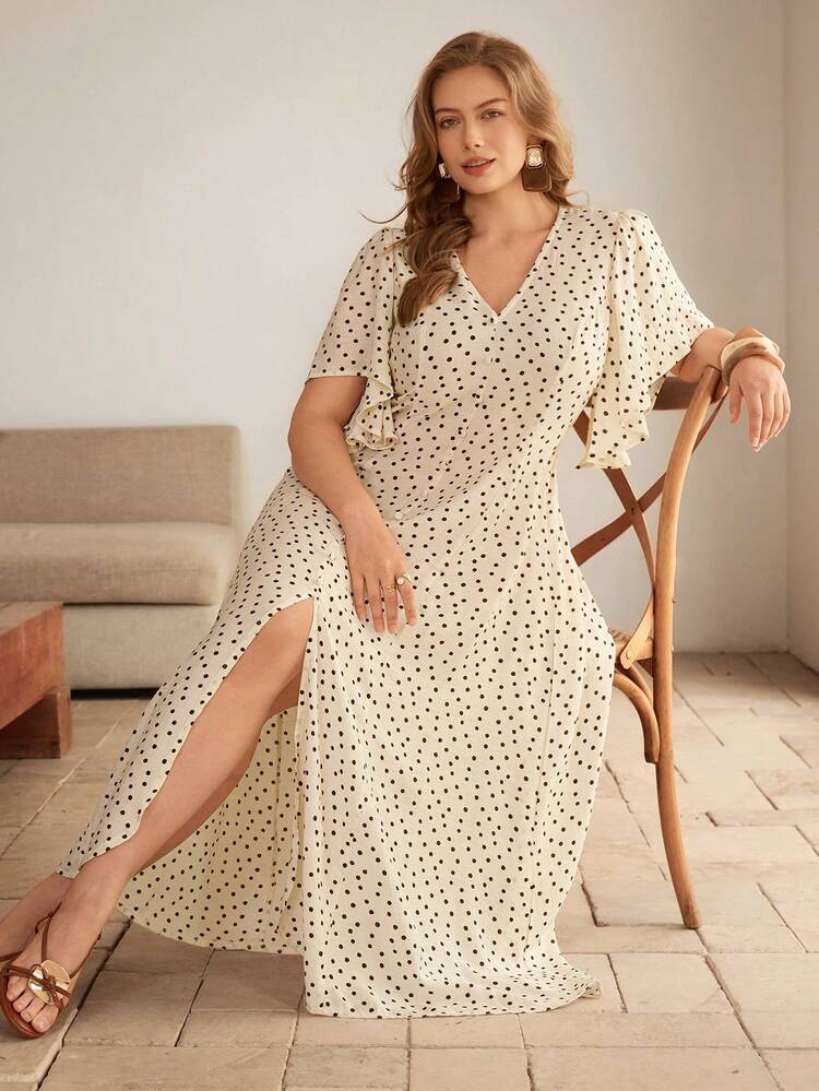 Roveilla Vestido Longo Feminino Plus Size Romântico com Bolinhas, Decote em V, Ajuste de Cintura com Botão, Bainha com Fenda, Manga Bufante, Elegante Estilo Francês Retrô para Escritório, Passeio, Casual, Férias, Chá da Tarde, Rua, Minimalista, Versátil, Primavera/Verão, Novo - Damasco - Visão 8