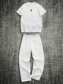 HIMLAND 男士休闲十字印花短袖T恤和抽绳腰裤套装 - 彩色 - 查看 3