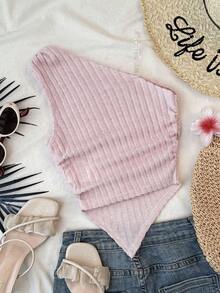 SHEIN Tween Girls' Pink Ribbed Knit Asymmetric Shoulder Ruched Waist Asymmetrical Hem Fitted Camisole Top - Pink - View 2